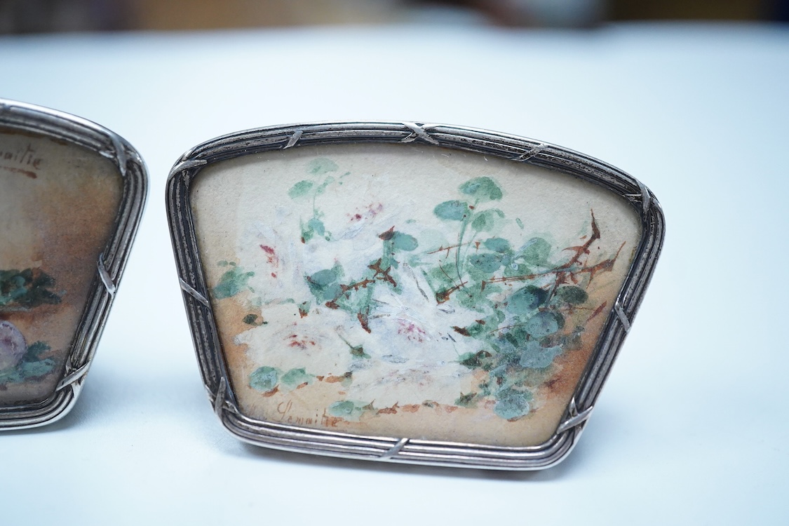 A set of four white metal and inset floral painted panel menu holders, signed Le Maitre, width 58mm, metal unmarked.